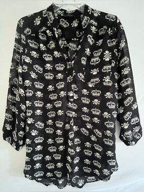 Goth Grunge Crown & Skull Sheer Chiffon Tunic Top L
